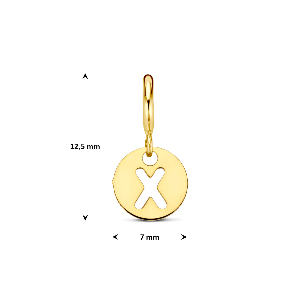 Letter bedel: afmetingen van de 9 karaat geelkleurige ronde letter slotbedel, letter X, 12,5 mm hoog inclusief oog en 7,0 mm doorsnee.
