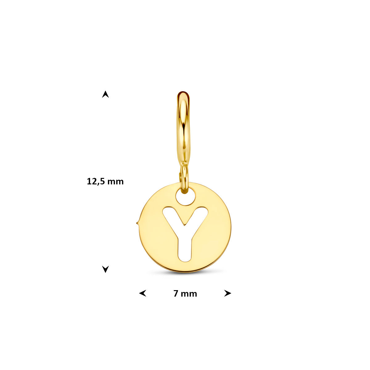 Letter bedel: afmetingen van de 9 karaat geelkleurige ronde letter slotbedel, letter Y, 12,5 mm hoog inclusief oog en 7,0 mm doorsnee.
