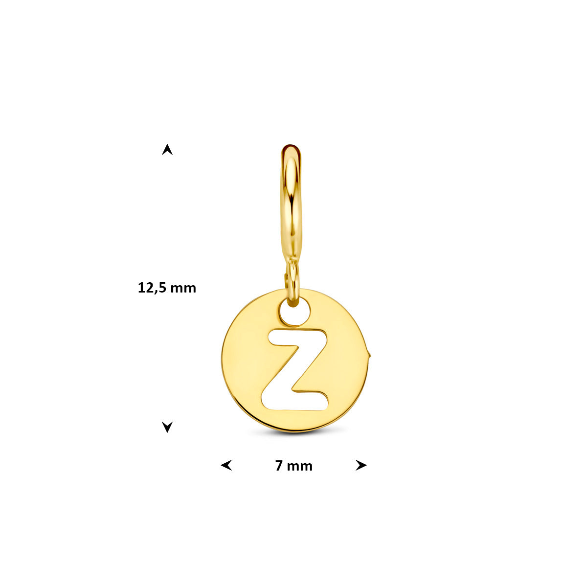 Letter bedel: afmetingen van de 9 karaat geelkleurige ronde letter slotbedel, letter Z, 12,5 mm hoog inclusief oog en 7,0 mm doorsnee.