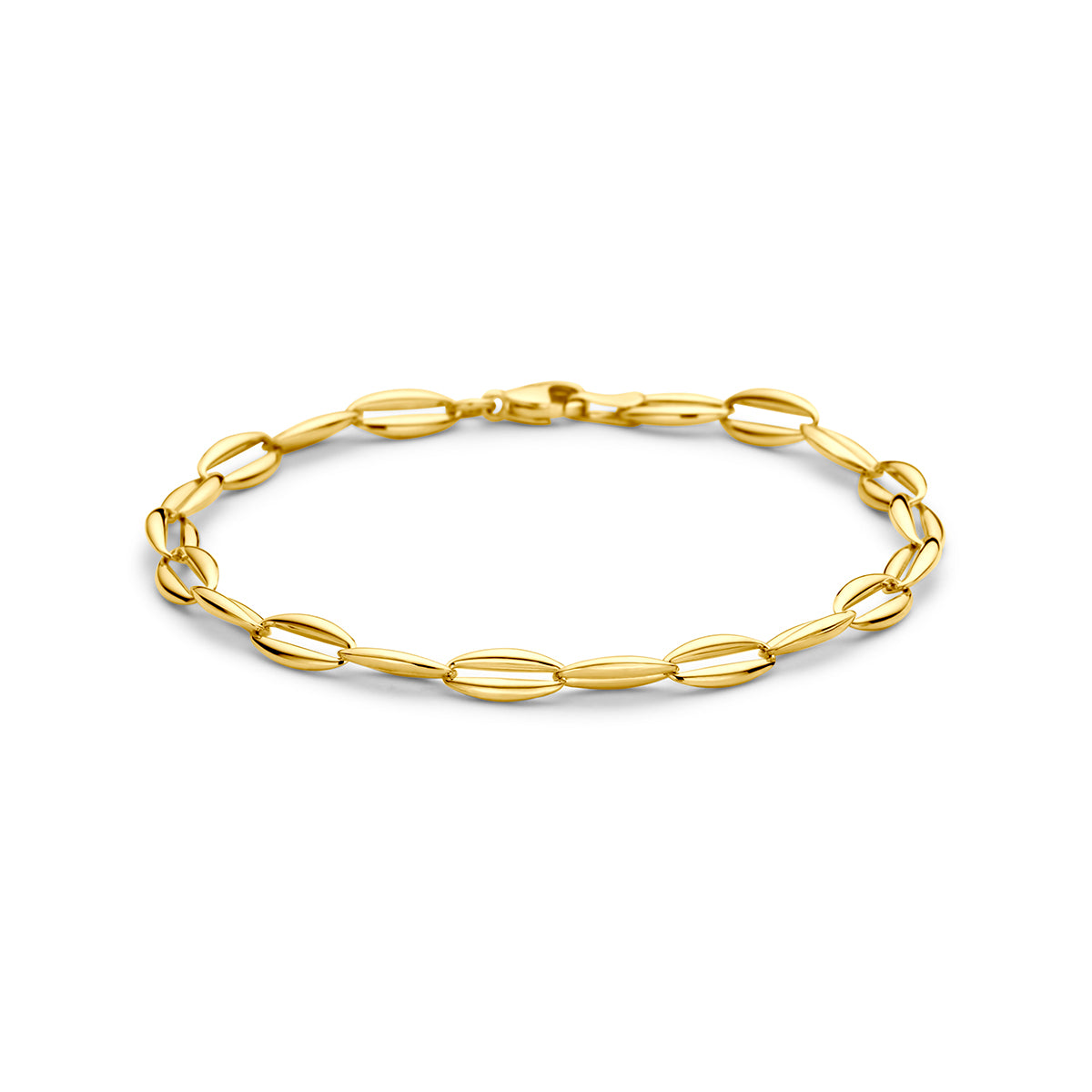 9 karaat armband: vooraanzicht van de 9 karaat geelkleurige schakelarmband.