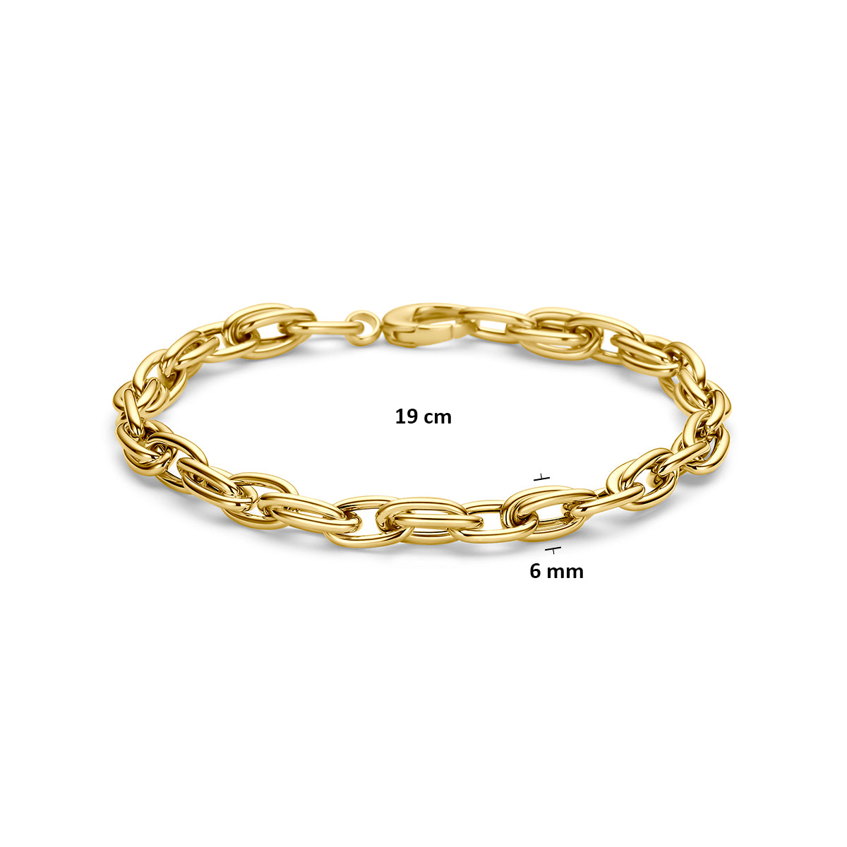 9 karaat armband: afmetingen van de 9 karaat geelkleurige schakelarmband, schakel van 6,0 mm breed en lengte 19 cm.