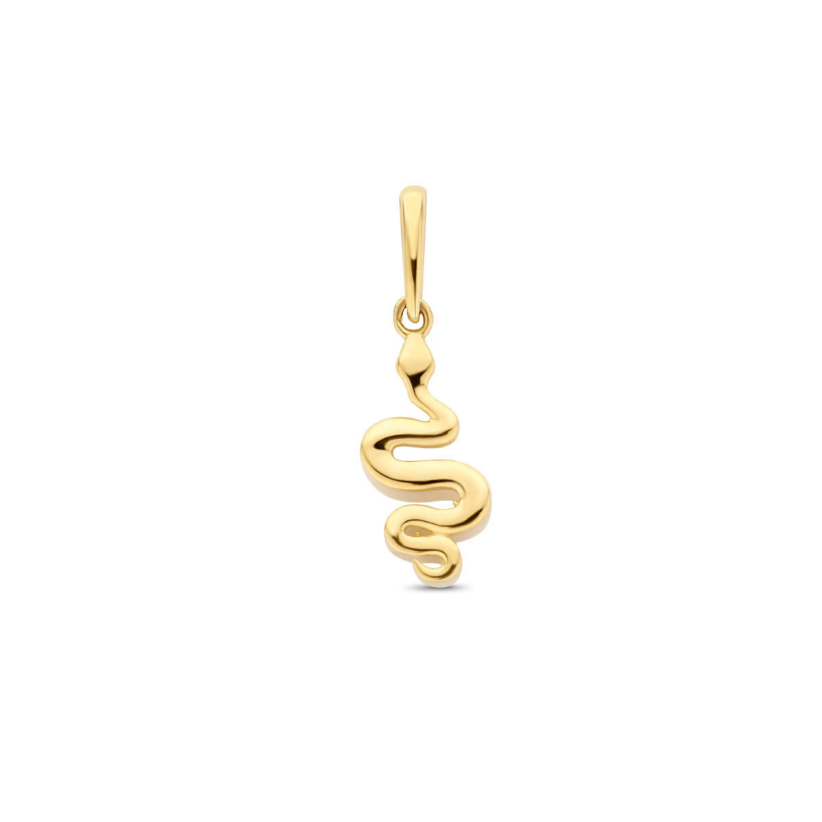 Vooraanzicht van de 9 karaat geelkleurige slang hanger, 17 mm hoog en 6 mm breed.