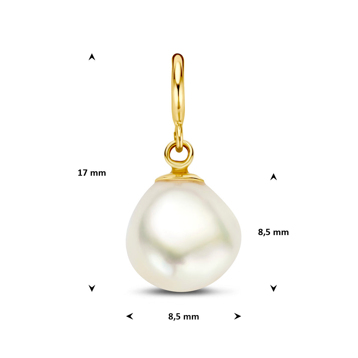 Parel bedel: afmetingen van de 9 karaat geelkleurige slotbedel met grote parel, 17,0 mm hoog inclusief oog en 8,5 mm breed.