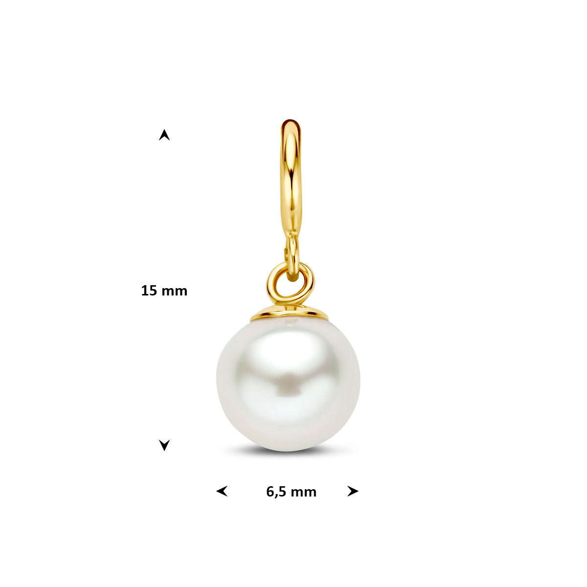 Parel bedel: afmetingen van de 9 karaat geelkleurige slotbedel met parel, doorsnee 6,5 mm, 15,0 mm hoog inclusief oog.
