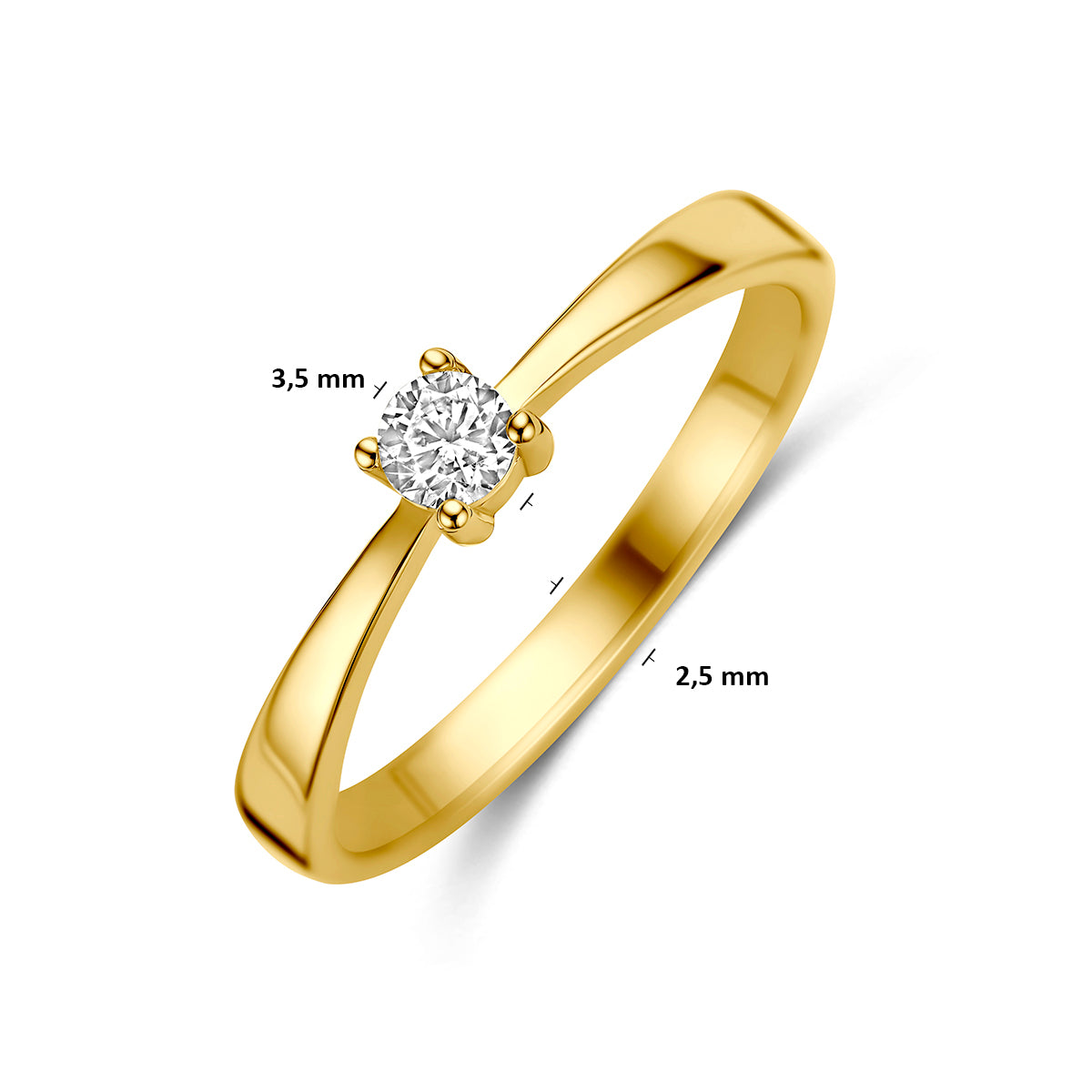 Ring met zirkonia: schuin bovenaanzicht met afmetingen van de 9 karaat geelkleurige solitair ring met zirkonia, 3,5 mm breed.