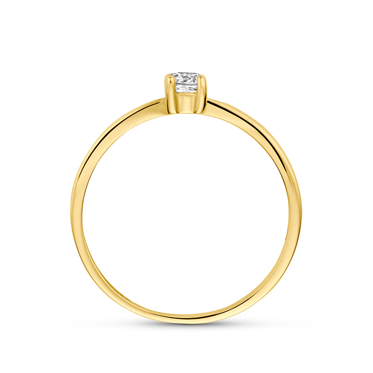 Ring met zirkonia: zijaanzicht van de 9 karaat geelkleurige solitair ring met zirkonia.