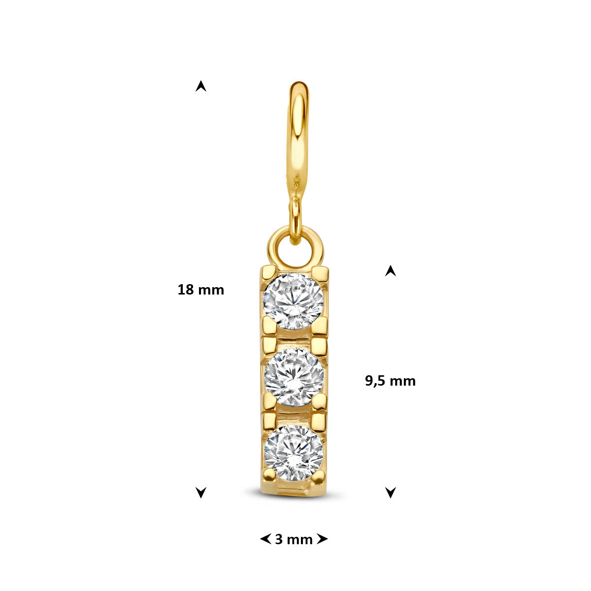 Bedel: afmetingen van de 9 karaat geelkleurige staafje slotbedel met zirkonia, 18,0 mm hoog inclusief oog en 3,0 mm breed.
