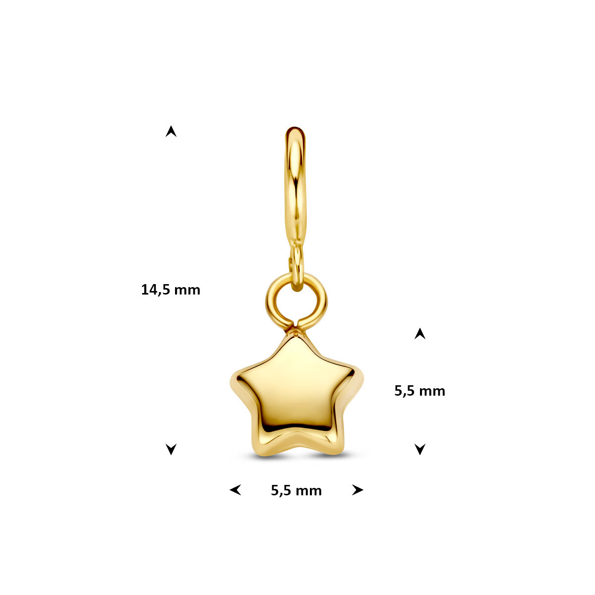 Bedel ster: afmetingen van de 9 karaat geelkleurige ster slotbedel, 14,5 mm hoog inclusief oog en 5,5 mm breed.