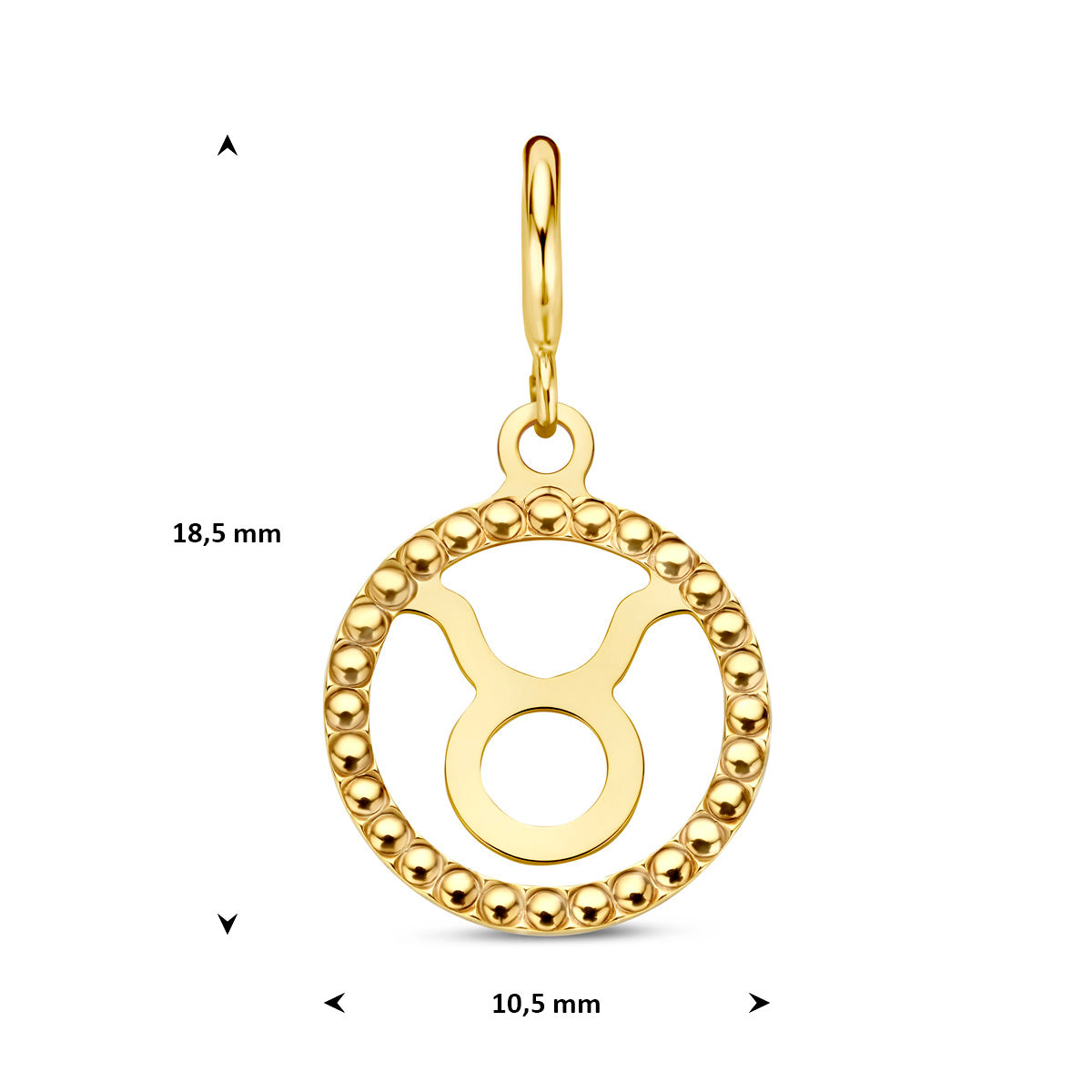 Sterrenbeeld bedel: afmetingen van de 9 karaat geelkleurige sterrenbeeld slotbedel, sterrenbeeld Stier, 18,5 mm hoog inclusief oog en 10,5 mm doorsnee.