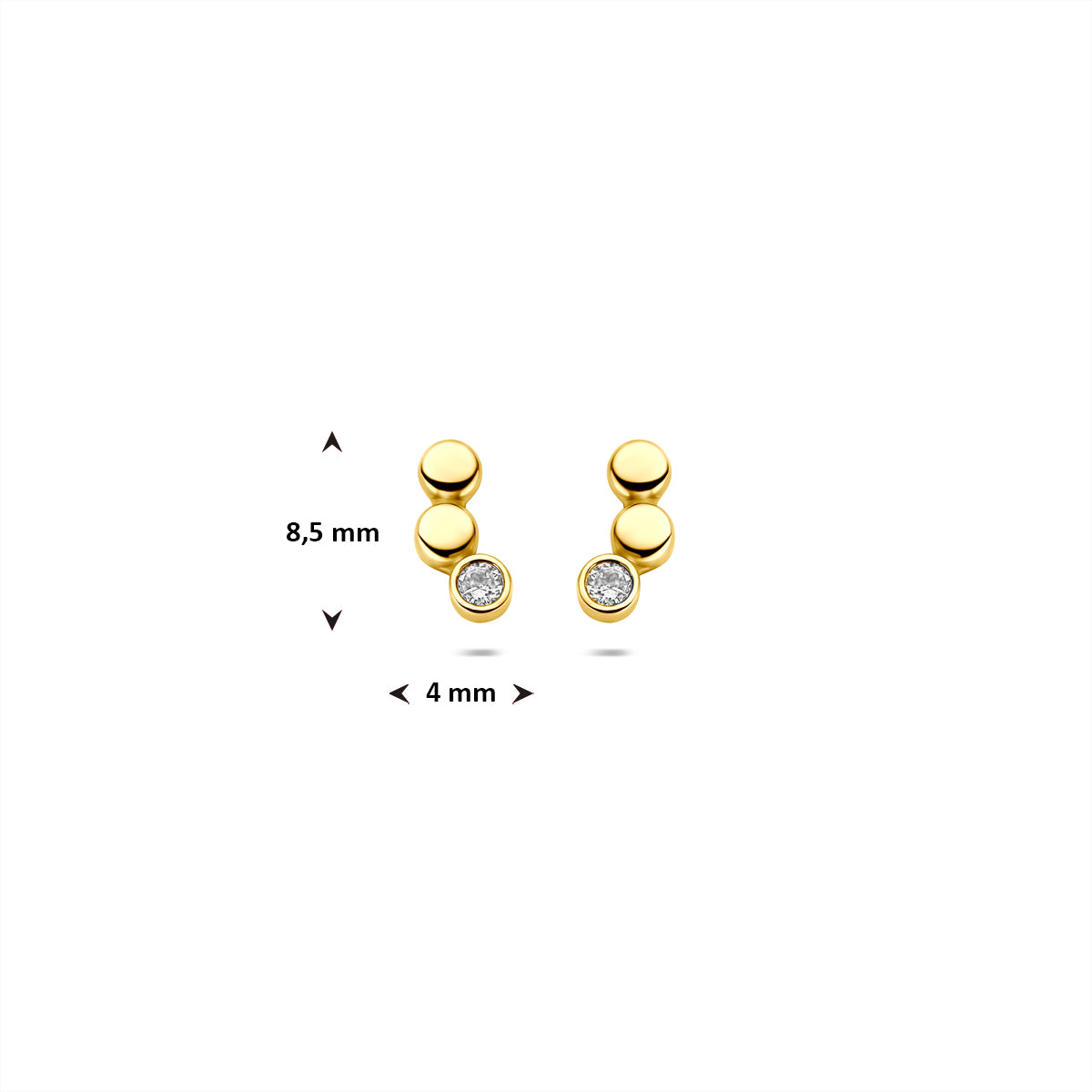Afmetingen van de geelkleurige oorknopjes met zirkonia van 9 karaat: 8,5 mm hoog en 4 mm breed.