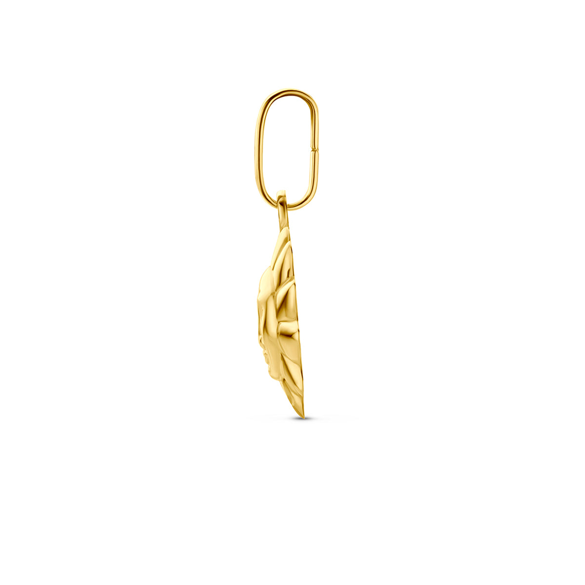 Hanger voor ketting: zijaanzicht van de 9 karaat geelkleurige zon hanger.