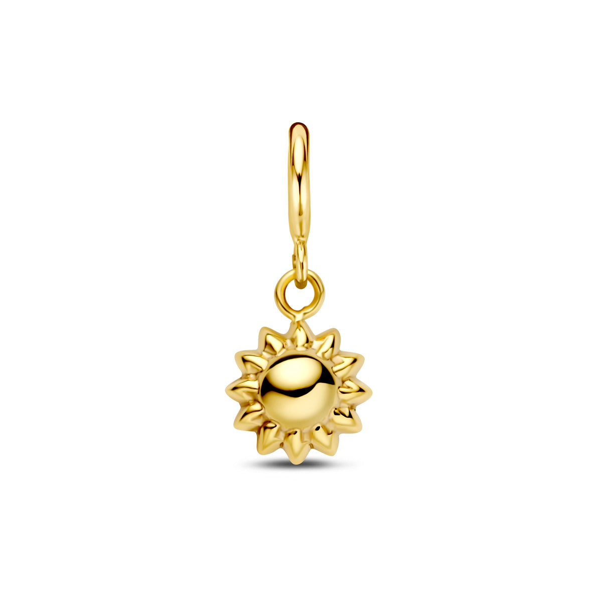 Bedel zon: vooraanzicht van de 9 karaat geelkleurige zon slotbedel.