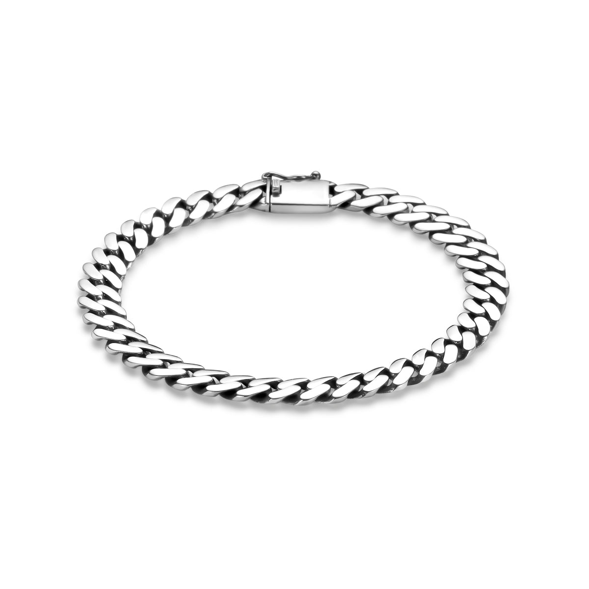 Vooraanzicht van de 925 geoxideerd zilveren gourmette armband, verkrijgbaar in diverse lengtes.