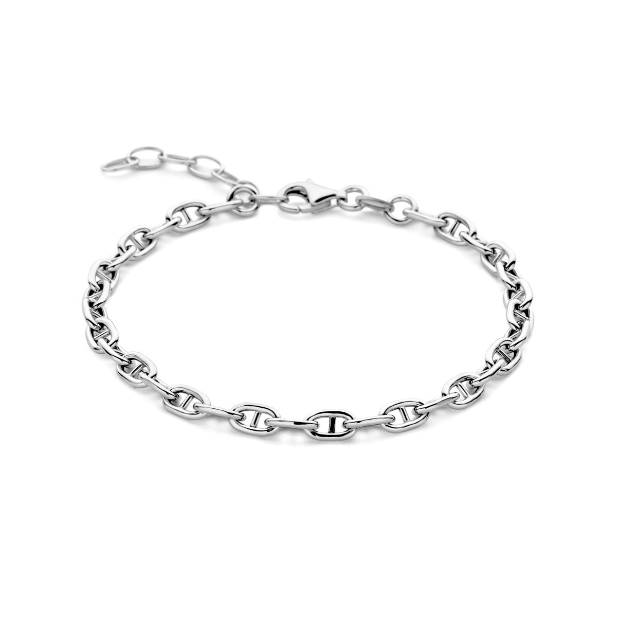Vooraanzicht van de 925 gerhodineerd zilveren armband met marineschakel, 16 cm lang met verlengstuk tot 19 cm.