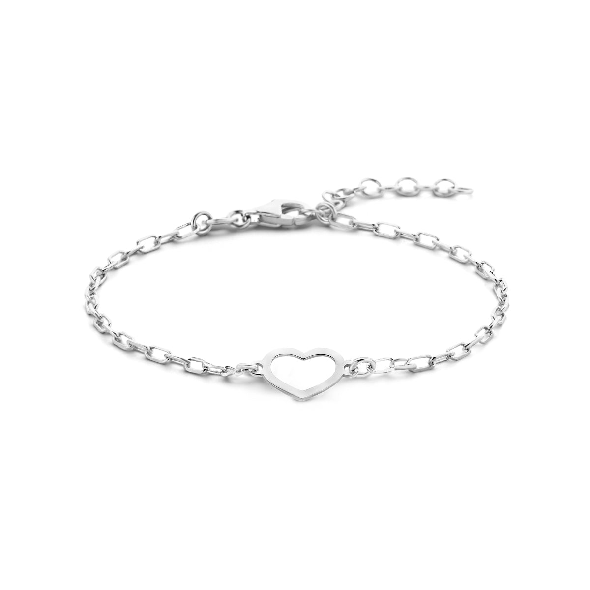Vooraanzicht van de 925 gerhodineerd zilveren armband met open hartje, 16 cm lang met verlengstuk tot 19 cm.