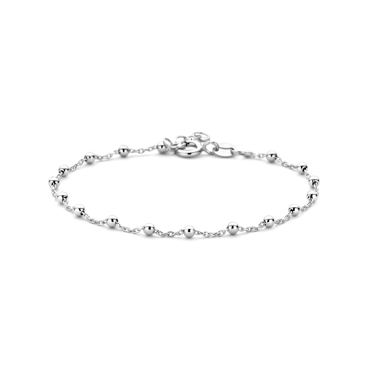 Vooraanzicht van de 925 gerhodineerd zilveren bolletjes armband, 17 cm lang met verlengstuk tot 19 cm.