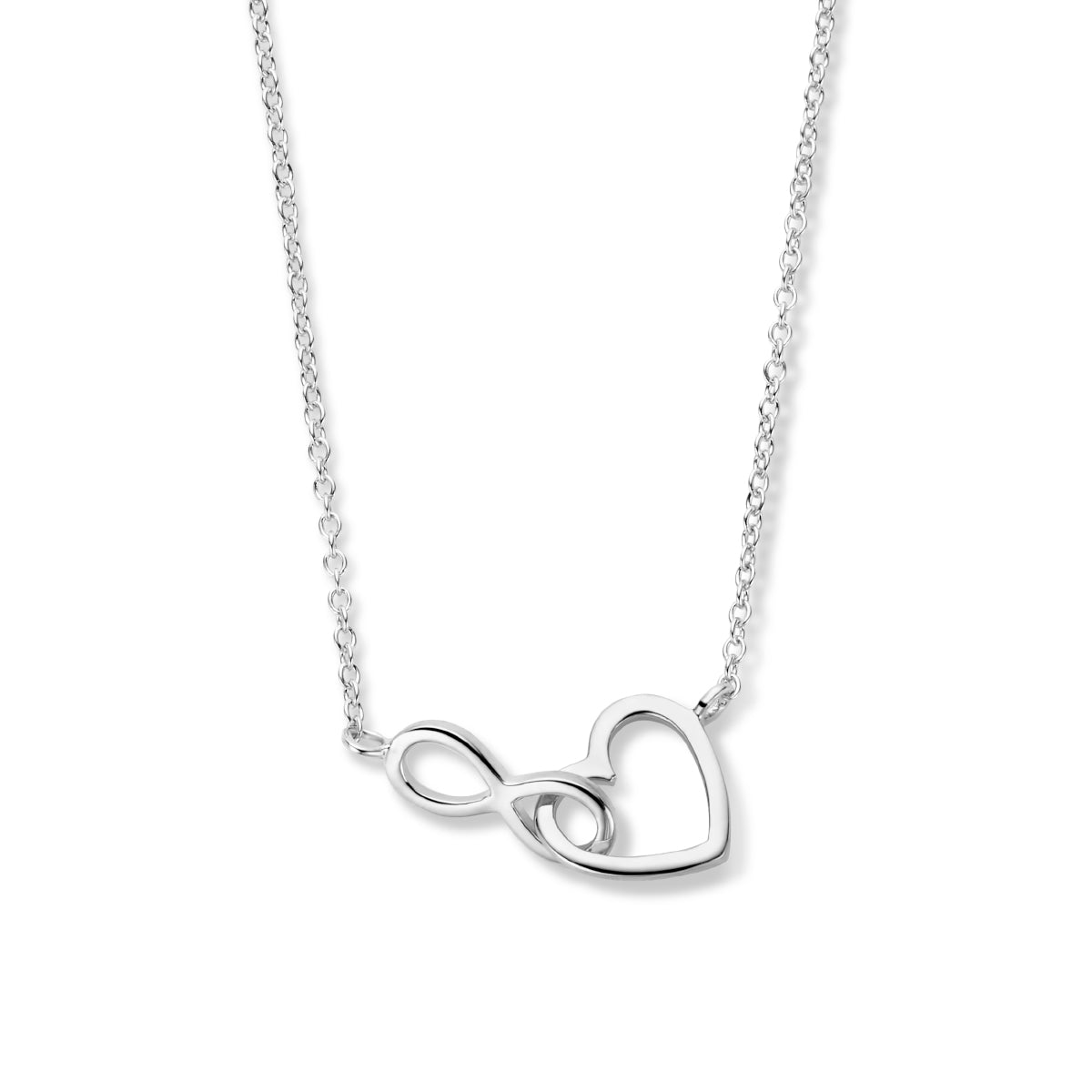 Vooraanzicht van de 925 gerhodineerd zilveren ketting hart en infinity, 41 cm lang met verlengstuk tot 45 cm.