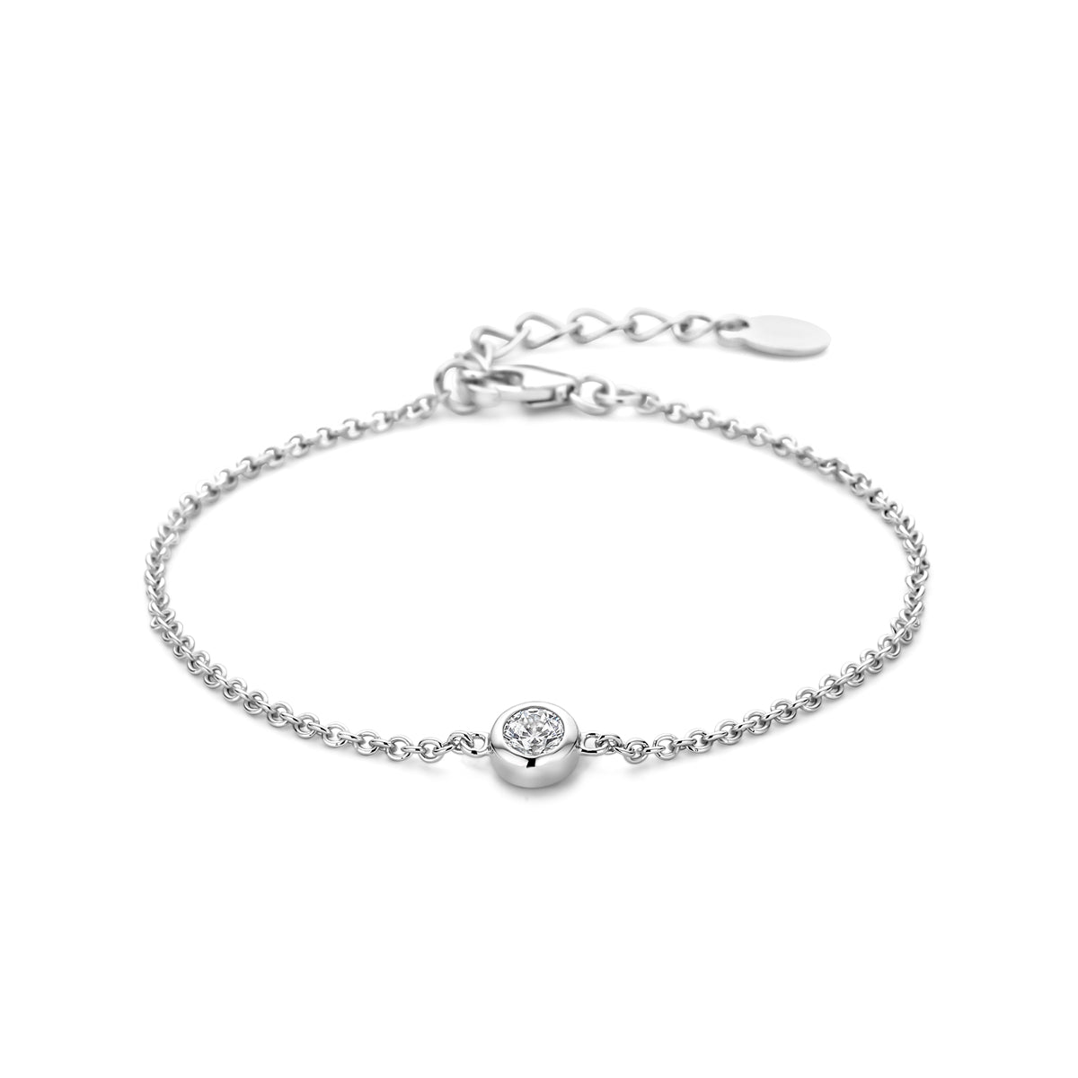 Vooraanzicht van de 925 gerhodineerd zilveren solitair armband met zirkonia, 16,5 cm lang met verlengstuk tot 19 cm.