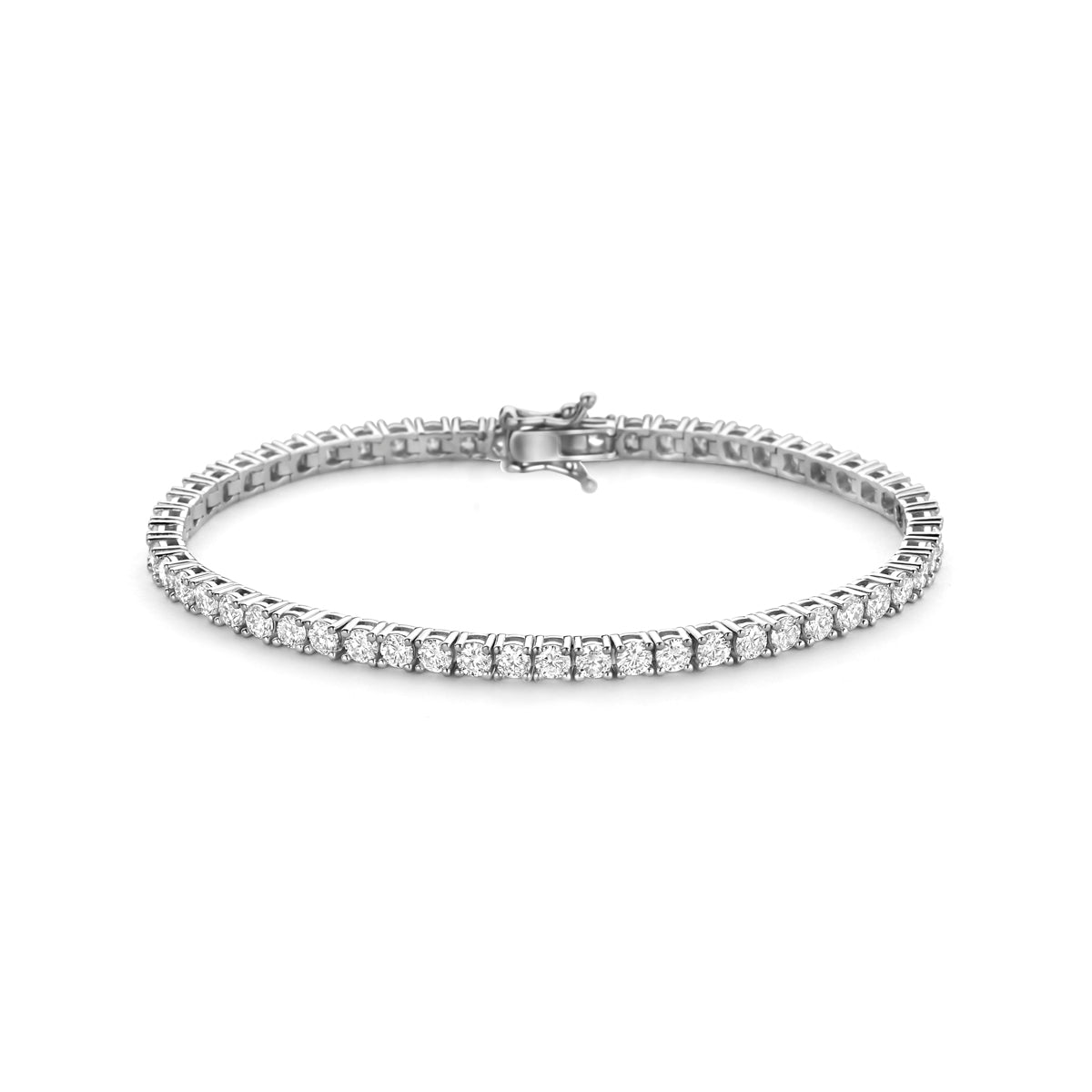 Vooraanzicht van de 925 gerhodineerd zilveren tennisarmband met zirkonia van 3,3 mm, verkrijgbaar in diverse lengtes.