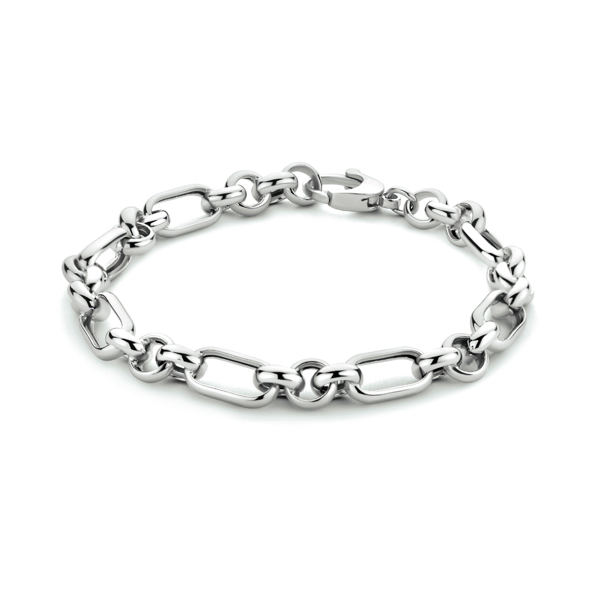 Vooraanzicht van de zilveren ankerarmband.