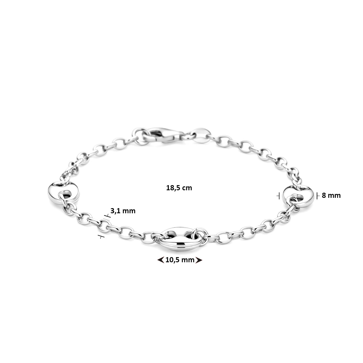 Afmetingen van de zilveren ankerarmband: 18,5 cm lang en 8 mm breed.