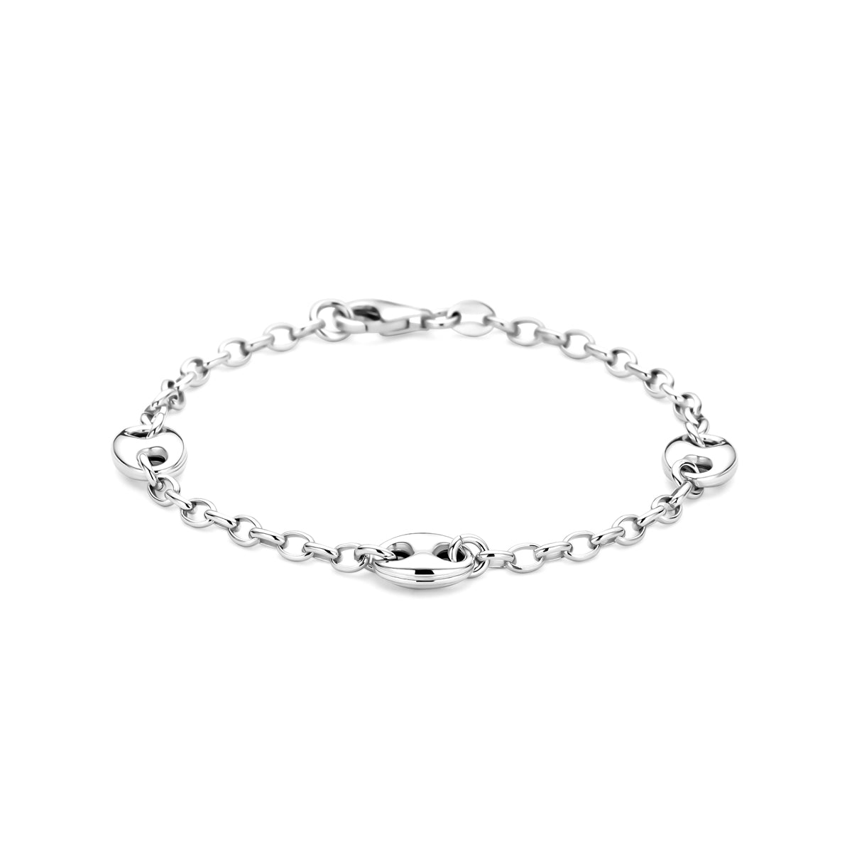 Vooraanzicht van de zilveren ankerarmband.