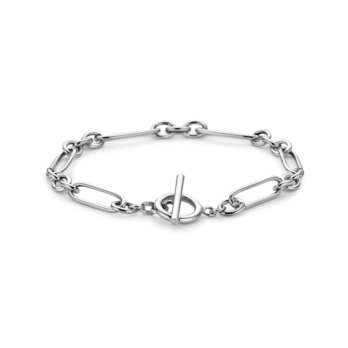 Vooraanzicht van de zilveren ankerarmband met kapittelslot.