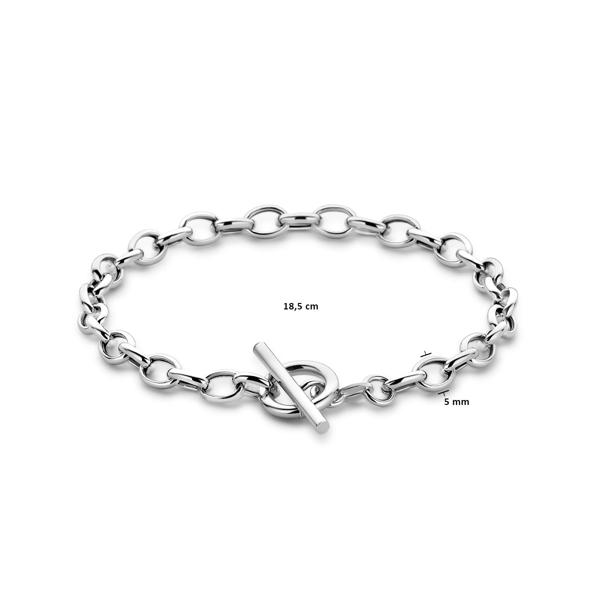 Afmetingen van de zilveren ankerarmband met kapittelslot: 18,5 cm lang en 5 mm breed.