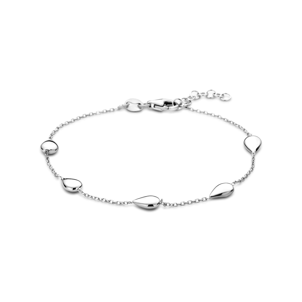 Vooraanzicht van de zilveren ankerarmband met druppels.