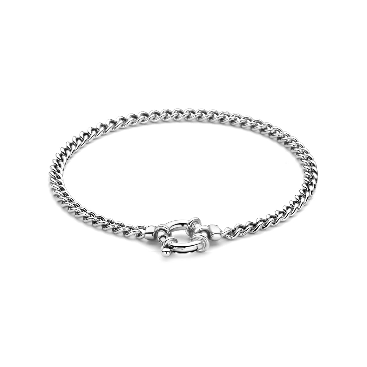 Vooraanzicht van de zilveren ankerarmband met groot veerslot.