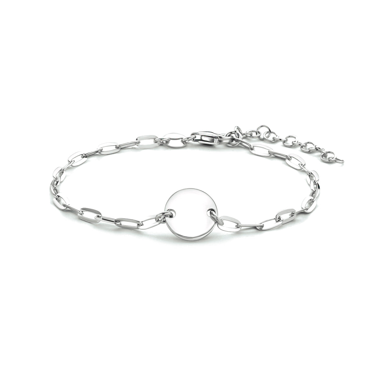 Vooraanzicht van de zilveren ankerarmband met rondje.