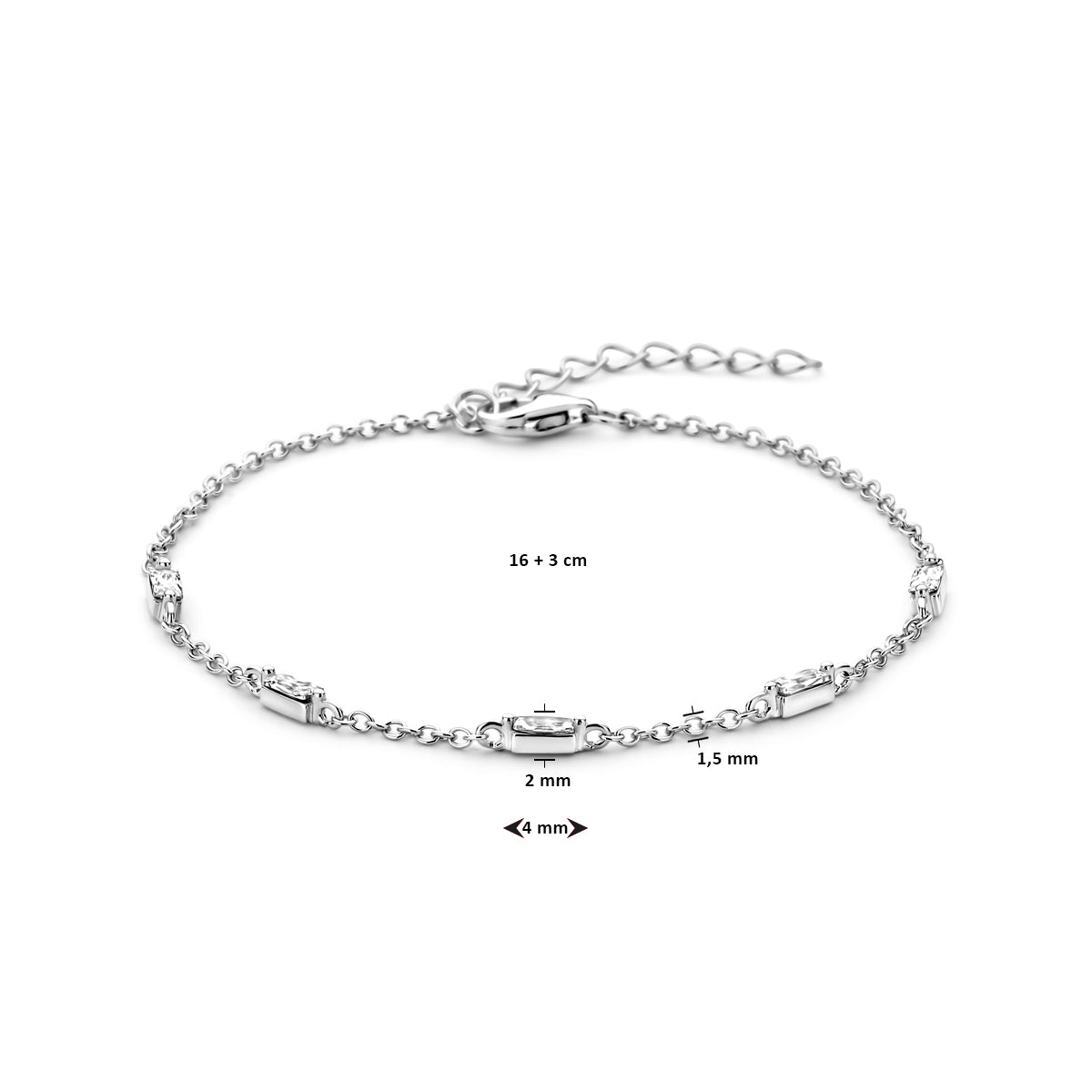 Afmetingen van de zilveren ankerarmband met zirkonia: 16 cm plus 3 cm verlenging en schakel van 1,5 mm.
