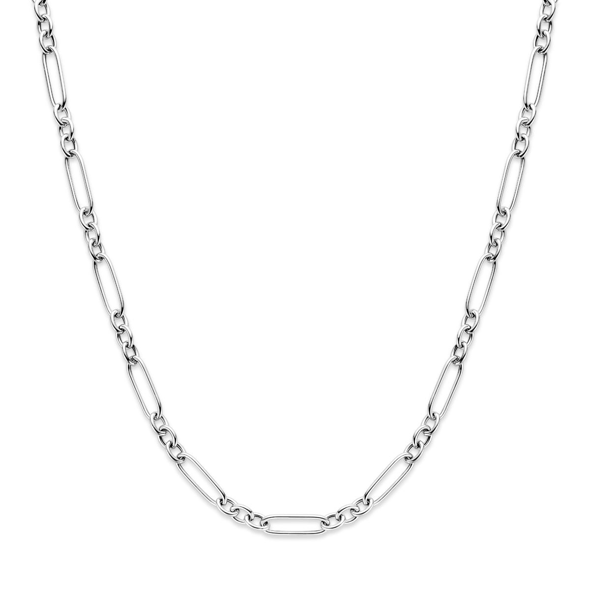 Vooraanzicht van de zilveren ankerketting.