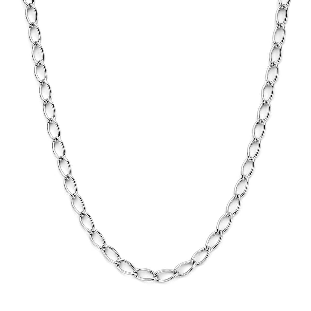 Vooraanzicht van de zilveren ankerketting.