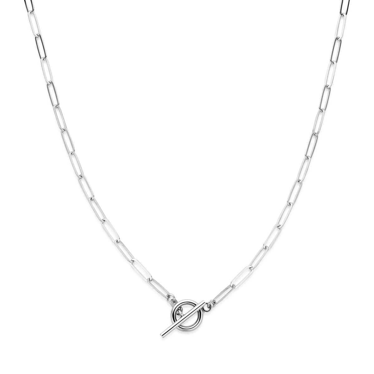 Vooraanzicht van de zilveren ankerketting met kapittelslot.