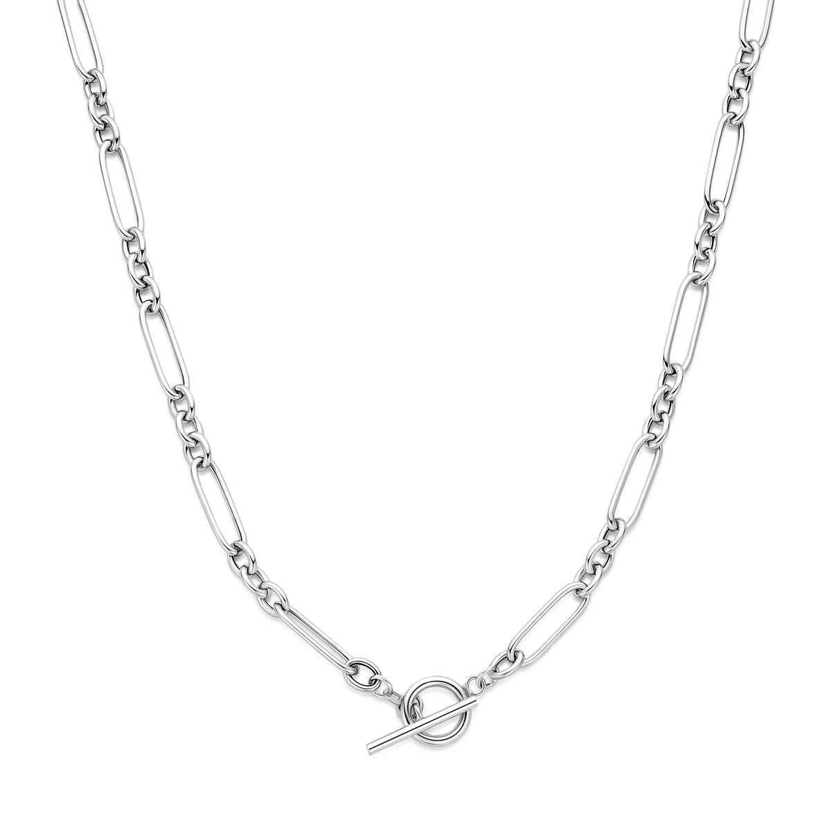 Vooraanzicht van de zilveren ankerketting met kapittelslot.