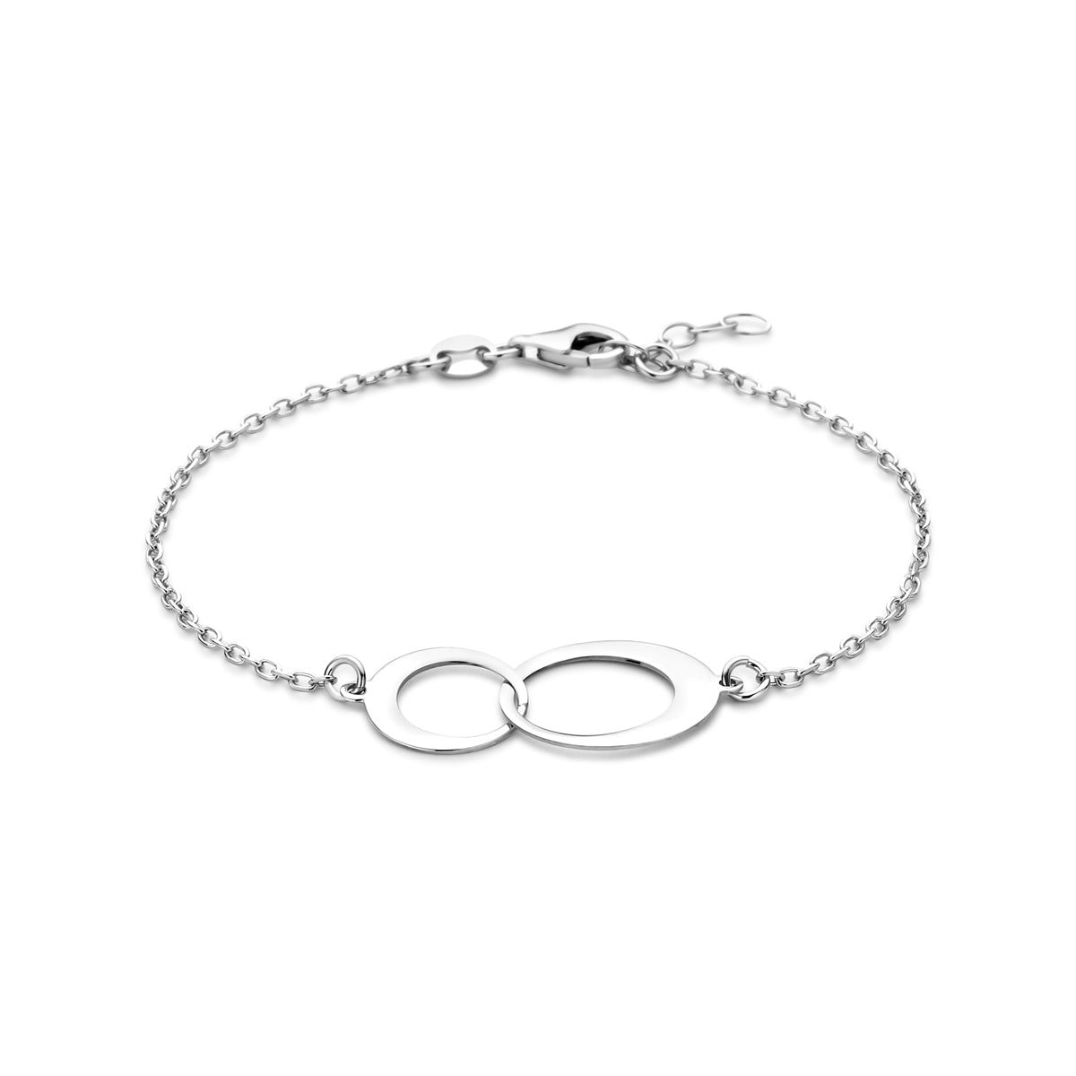 Vooraanzicht van de zilveren armband met dubbele cirkel.