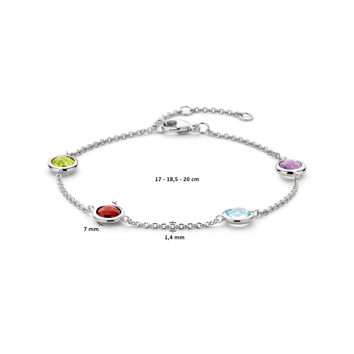 Afmetingen van de zilveren armband met edelstenen: draaglengte 17, 18,5 of 20 cm.