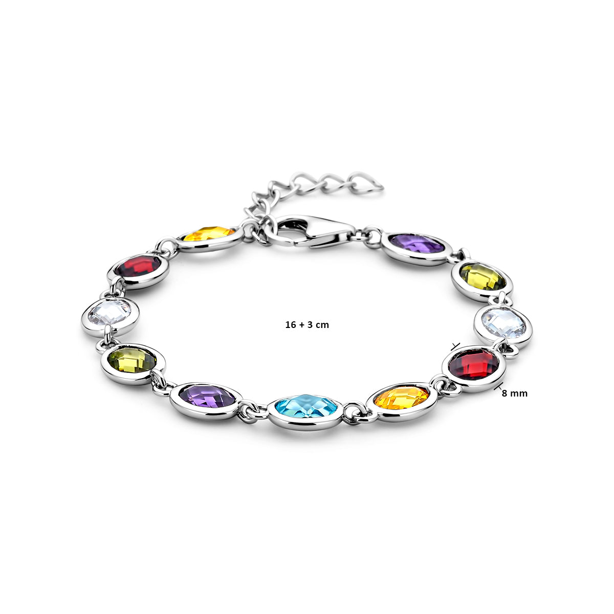 Afmetingen van de zilveren armband met gekleurde zirkonia: 16 cm lang met 3 cm verlengstuk.