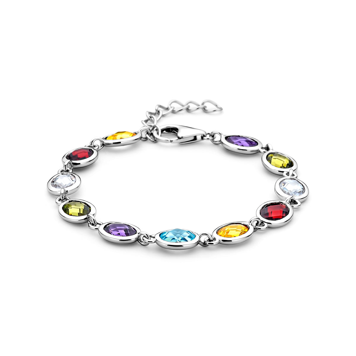 Vooraanzicht van de zilveren armband met gekleurde zirkonia.