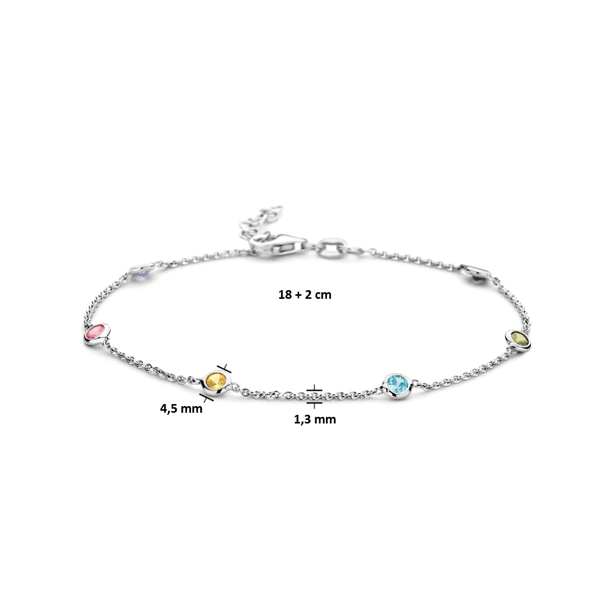 Afmetingen van de zilveren armband met gekleurde zirkonia: 18 tot 20 cm lang.