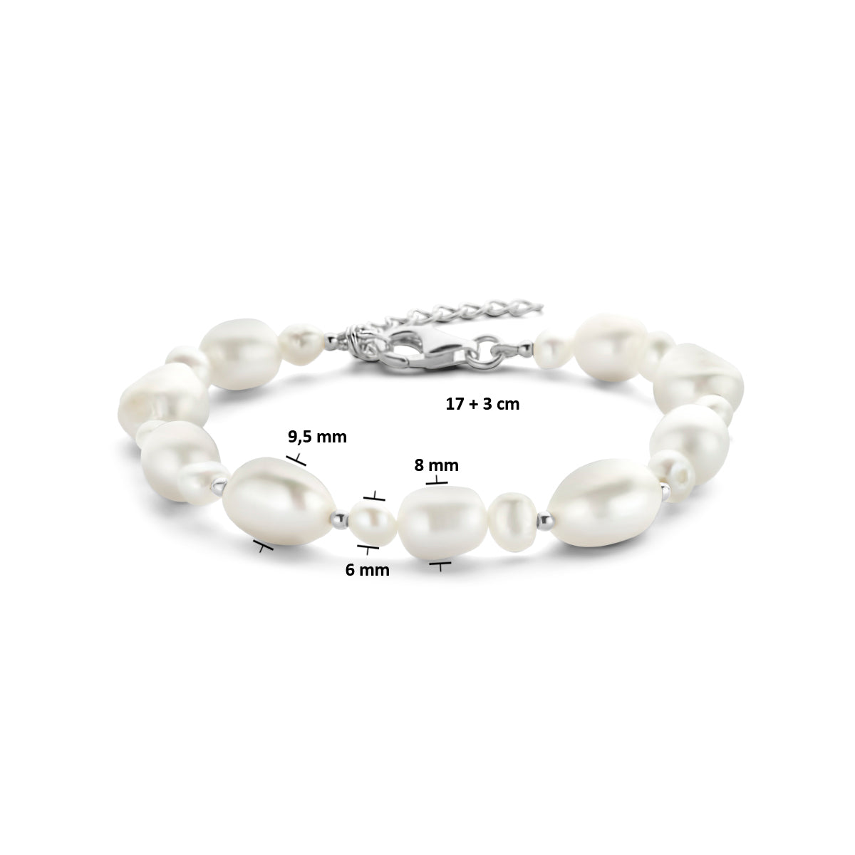 Afmetingen van de zilveren armband met parels: draaglengte 17 tot 20 cm, 9,5 mm breed.
