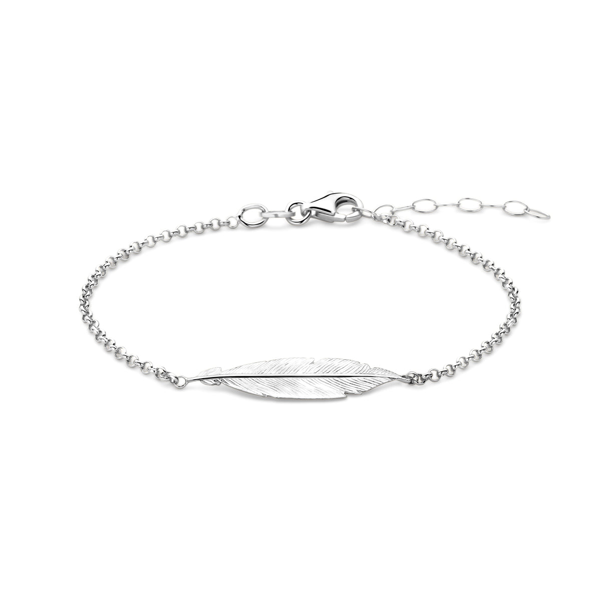 Vooraanzicht van de 925 gerhodineerd zilveren armband met veer, 7,5 mm hoog en 32,5 mm breed.