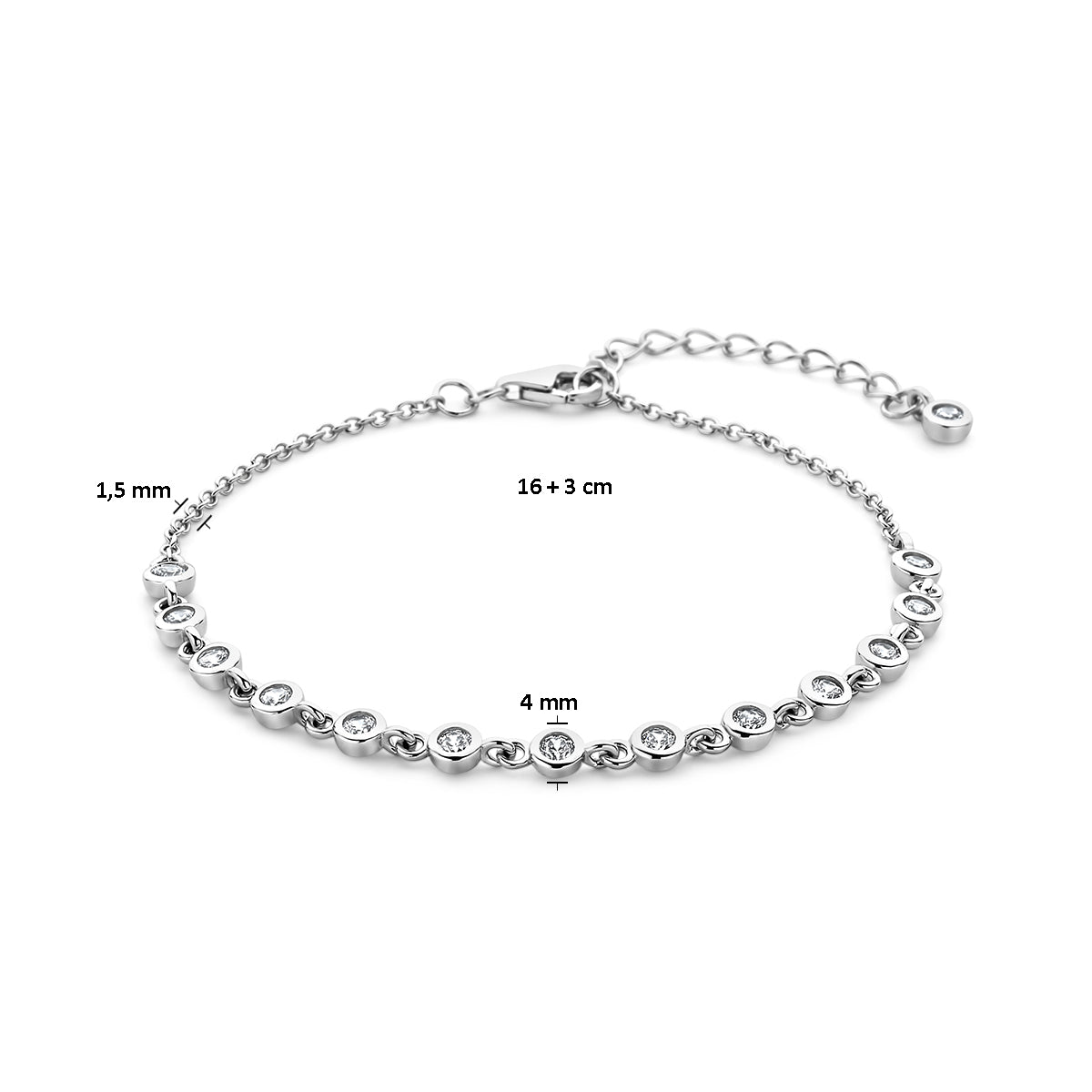 Afmetingen van de zilveren armband met zirkonia: draaglengte 16 tot 19 cm.