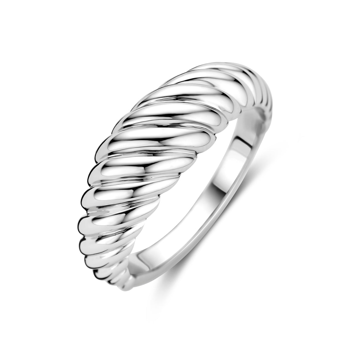 Schuin bovenaanzicht van de zilveren balloon ring.