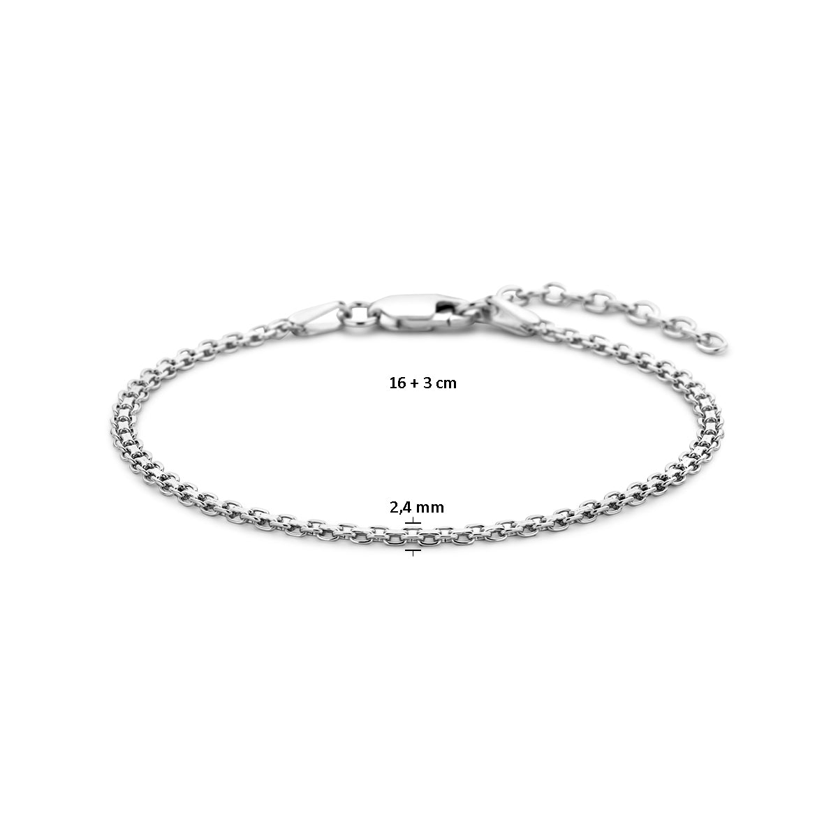 Afmetingen van de zilveren bismarck armband: draaglengte 16 tot 19 cm, 2,4 mm breed.