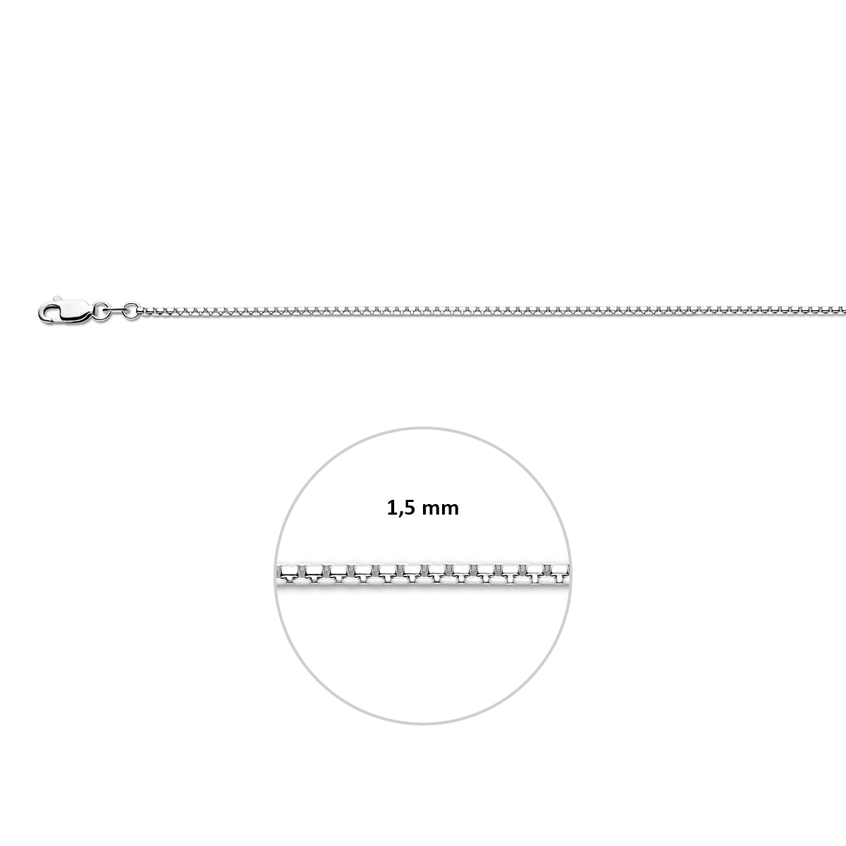 Zilveren venetiaanse ketting: 925 gerhodineerd zilveren bolle venetiaanse halsketting, met de schakelbreedte van 1,5 mm aangegeven