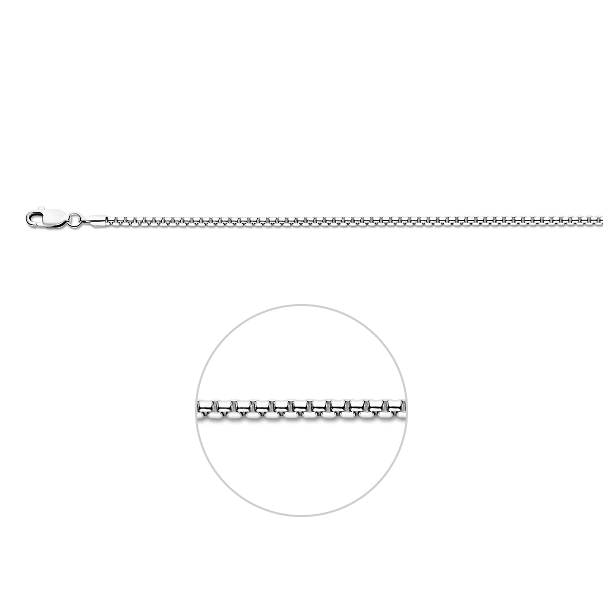 Zilveren venetiaanse ketting: 925 gerhodineerd zilveren bolle venetiaanse halsketting van 2,1 mm breed, vooraanzicht