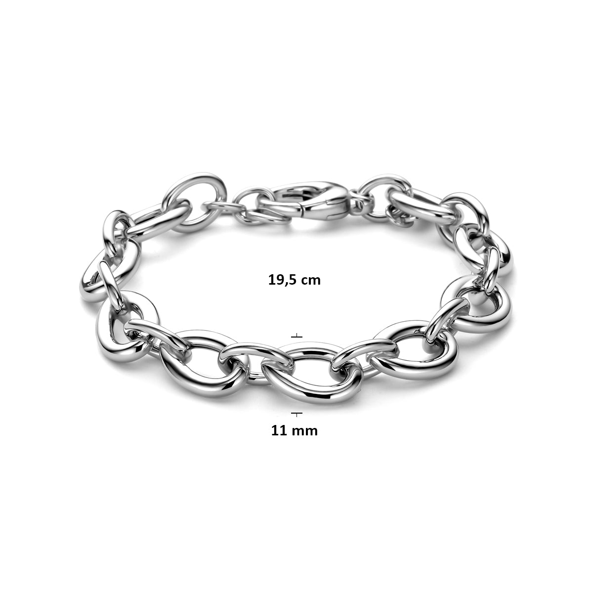 Afmetingen van de zilveren brede ankerarmband: 19,5 cm lang en 11 mm breed.