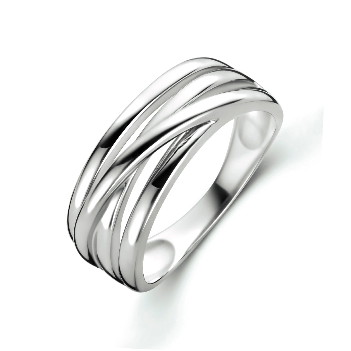 Schuin bovenaanzicht van de brede zilveren ring met gekruiste banden.